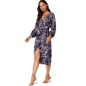 Misa Los Angeles Sylvia Faux Wrap Indigo Satin‎ High Low Dress XS & L NWT